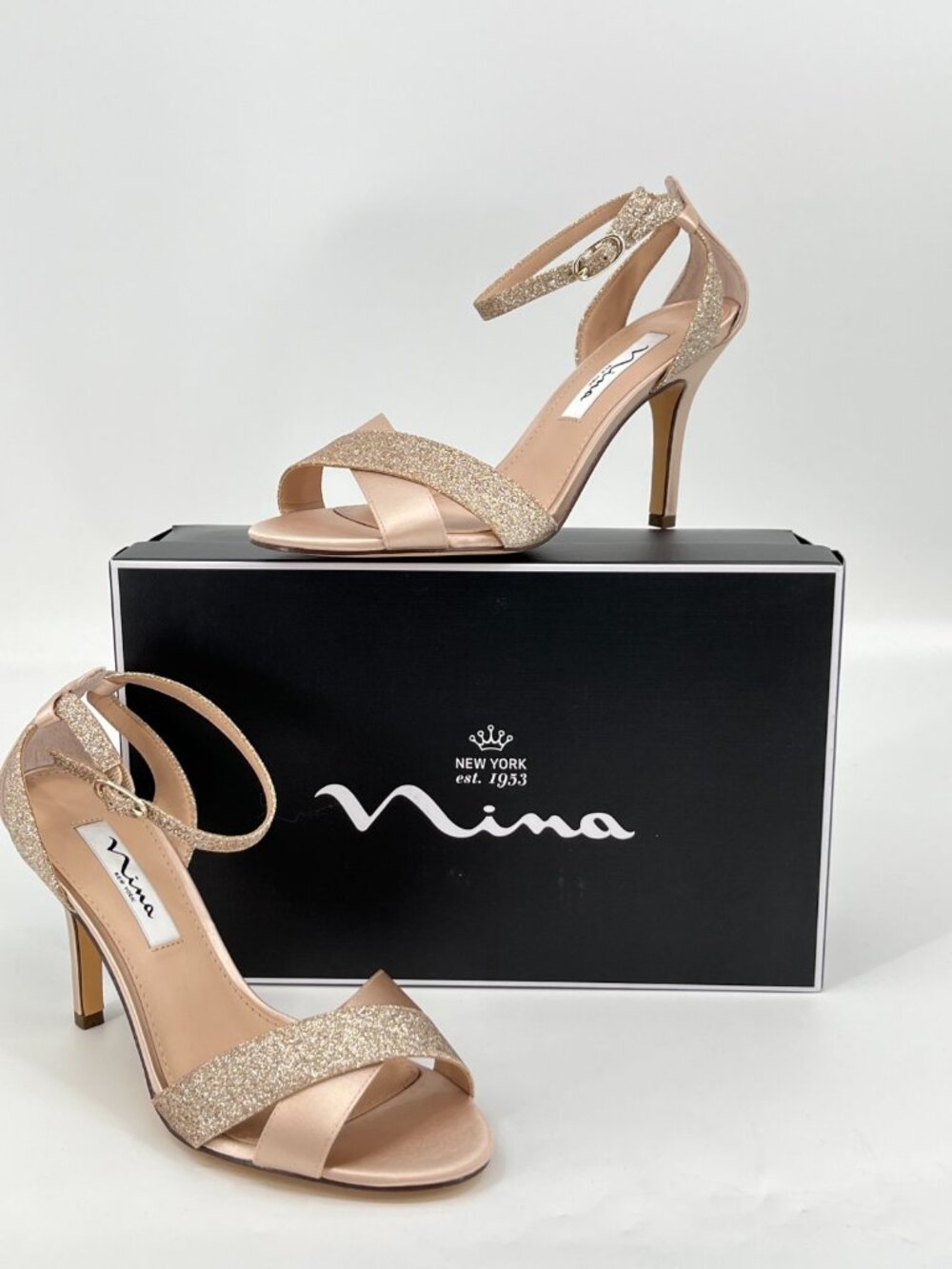 Nina Womens Venus Satin Ankle Strap Heel Sandals Size 7.5 M Peral Rose Crys